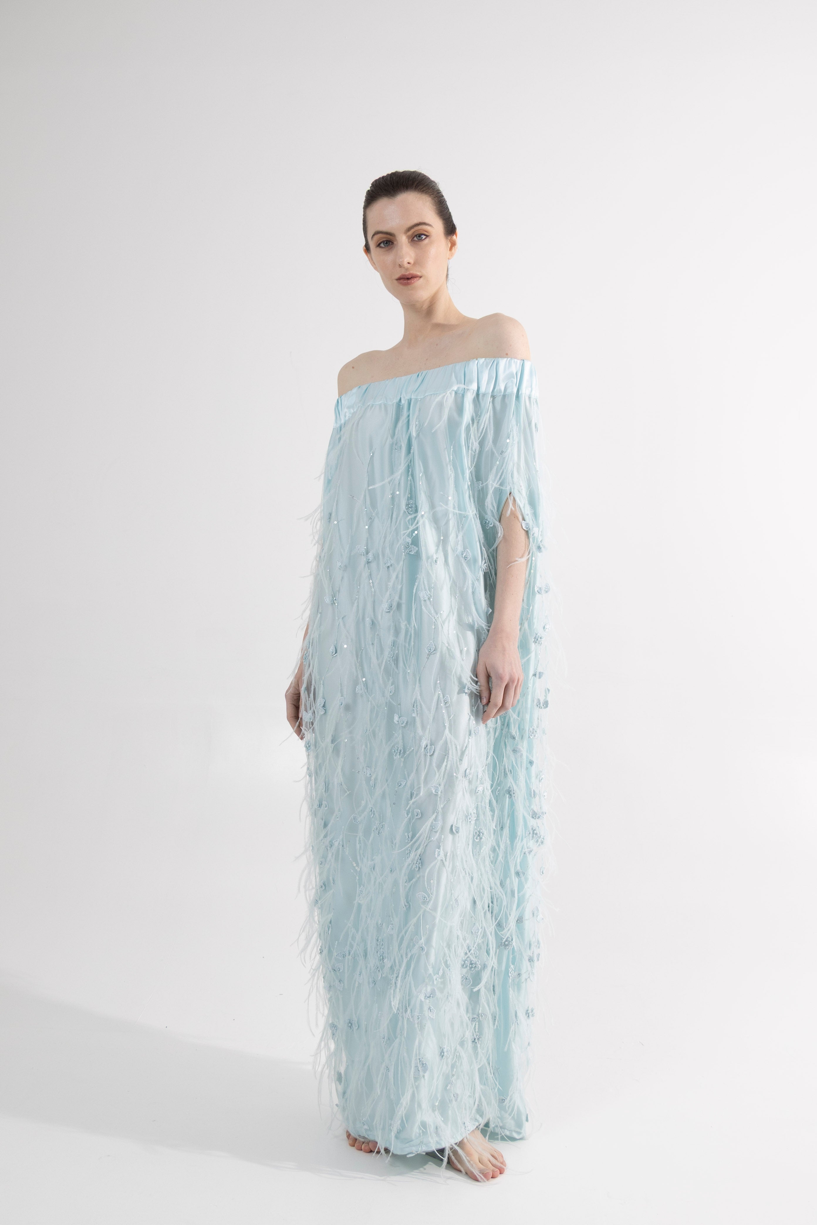 Robe Rianna en tulle brodé ornée de plumes bleues -Précommande