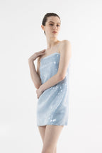 Robe courte bleue en soie à paillettes