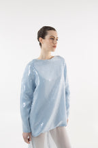 Robe longue bleue en soie à paillettes