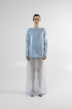 Robe longue bleue en soie à paillettes