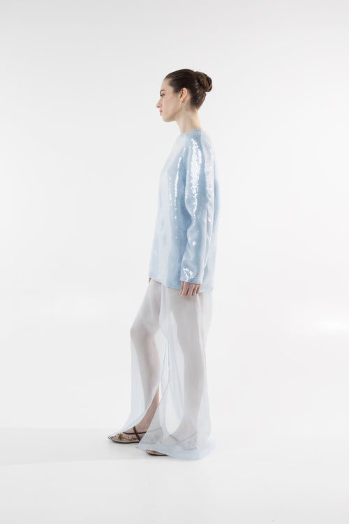 Robe longue bleue en soie à paillettes