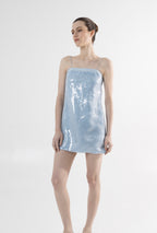 Robe courte bleue en soie à paillettes